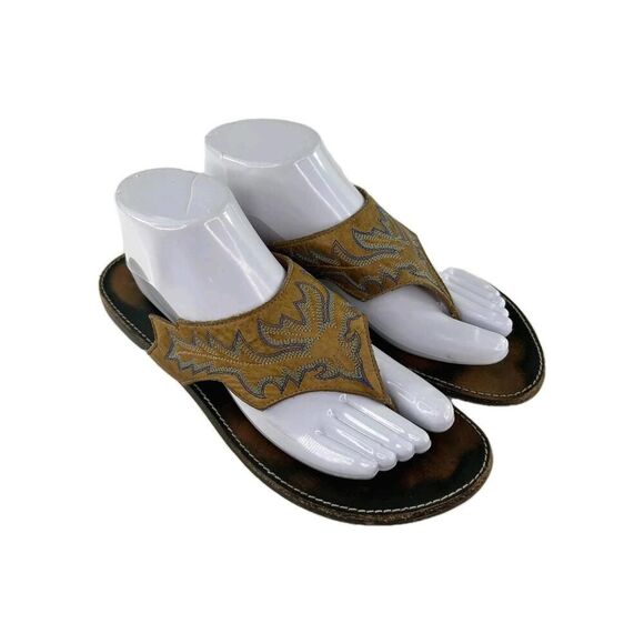 Stetson Women's Thong Sandals US 9.5 Brown Embroidered Western Flat Flip-Flops - Picture 1 of 11
